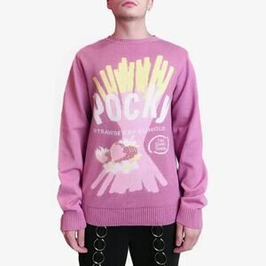 APPAREL K Crew Neck Long Sleeve Strawberry Jacquard Sweater in Pink L/XL